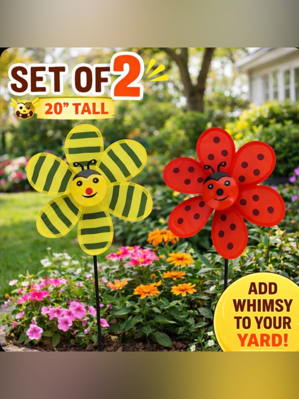 Set of 2 Bug Pinwheel Garden Stakes Bee Ladybug Outdoor Decor 20”